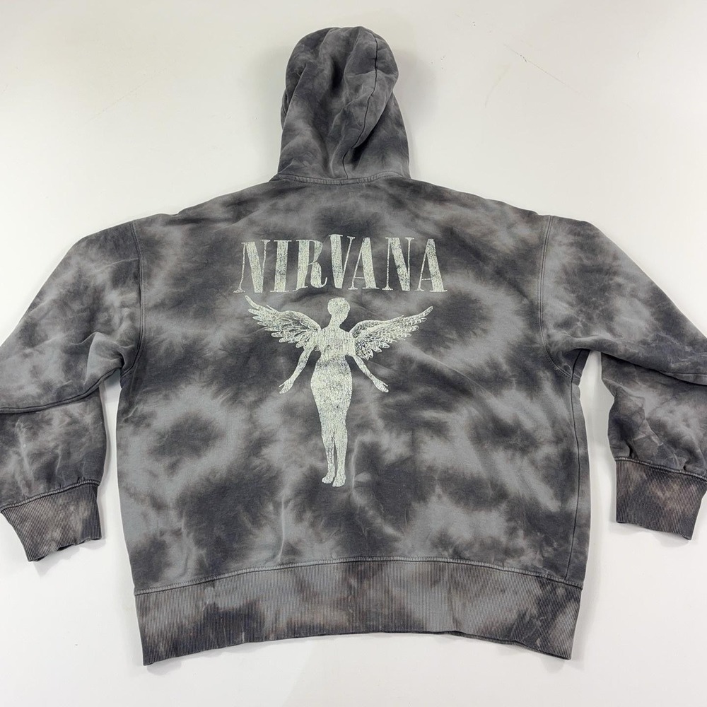 Nirvana H&M Hoodie Sweatshirt Mens M Gray Tie Dye Oversized Angel Graphic Band